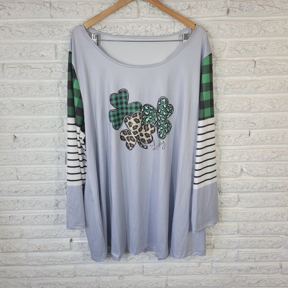St. Patrick's Day Women's 5XL Plus Green Plaid Shamrock Top Boat Neck NOV112XE